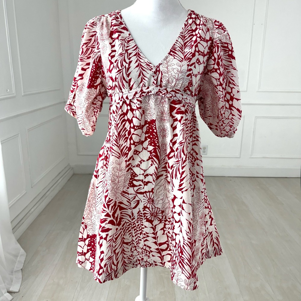 Red White Tropical Botanical Puff Sleeve Empire Waist Tie Back Mini Shirt Dress